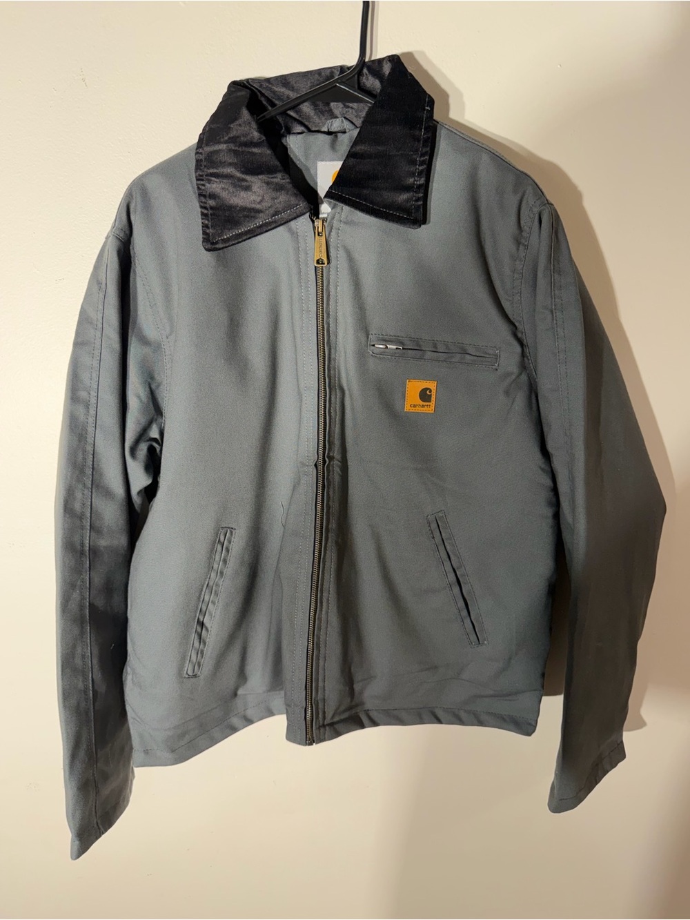 Reworked Carhartt Men's Gray Detroit Jacket with Black Collar